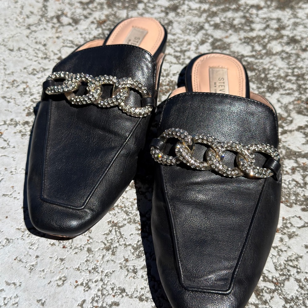 Steven By Steve Madden Black Mules with Rhinestone Chain